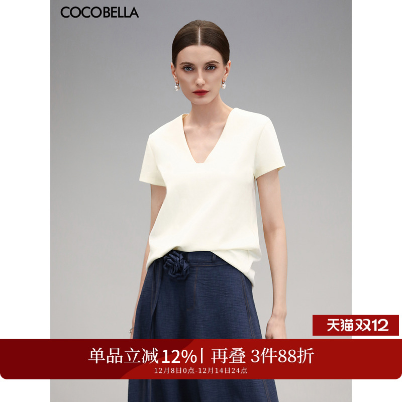 COCOBELLA精致V领白色短袖T恤