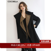 COCOBELLA设计感假两件大翻领毛呢外套女秋冬新款 黑色大衣WL0002