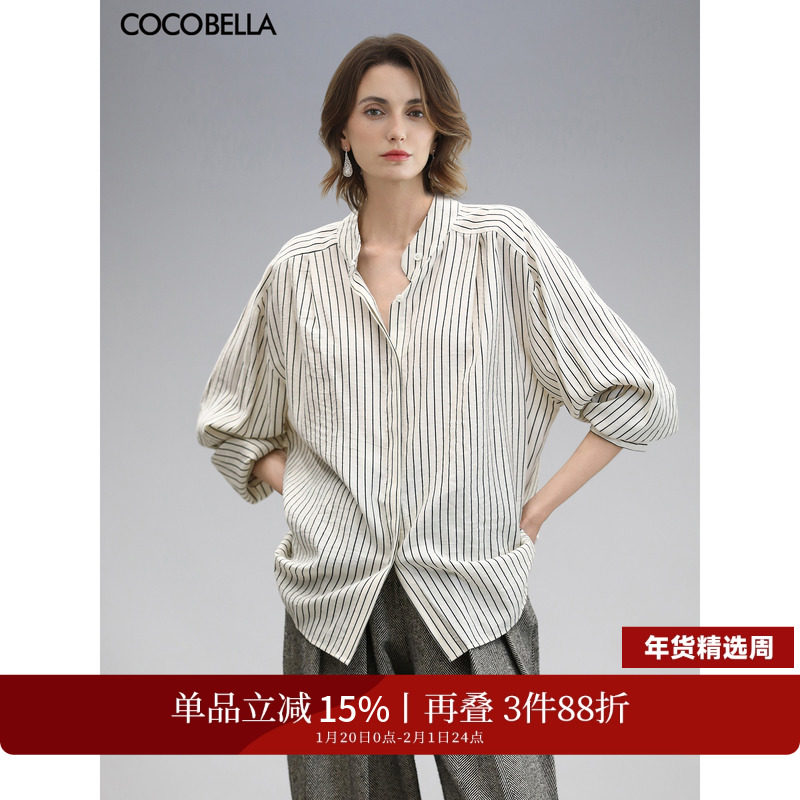 COCOBELLA设计感捏褶小立领条纹衬衫宽松仿棉麻长袖衬衣SR