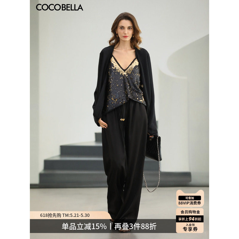 COCOBELLA通勤休闲套装女仿醋酸缎面西装+阔腿裤两件套FT531
