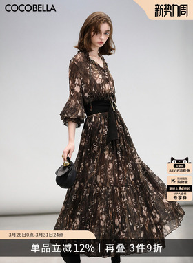 预售COCOBELLA复古金丝压褶印花连衣裙女度假风雪纺长裙FR3075-2