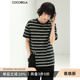 COCOBELLA立体段彩黑白条纹短袖 上衣TS99B T恤女夏侧开叉圆领半袖
