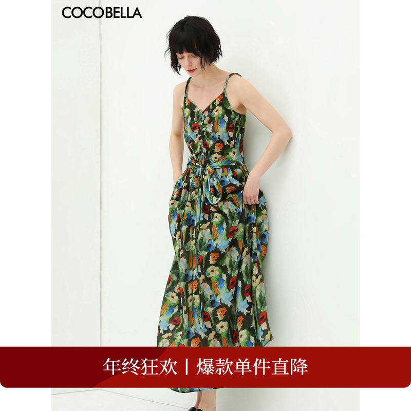 【折扣季】COCOBELLA油画风花卉碎花印花吊带连衣裙飘逸长裙FR565