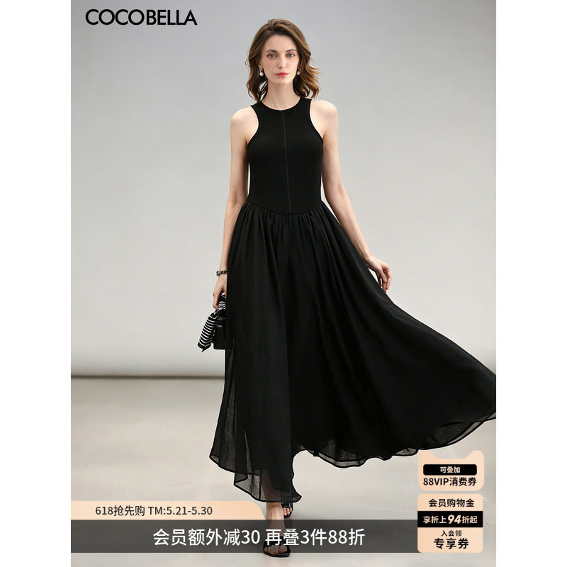 COCOBELLA赫本风背心针织连衣裙女夏黑色收腰大摆裙小黑裙FR0026
