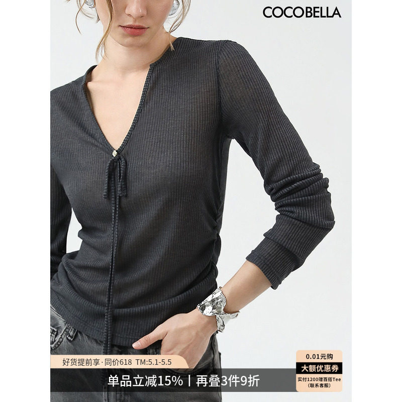COCOBELLA亲肤微透视抽褶针织衫女V领内搭打底衫长袖T恤MZ3191-2