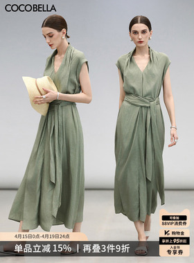 COCOBELLA气质通勤亚麻连衣裙女夏立体飘带领系带衬衫裙FR3051