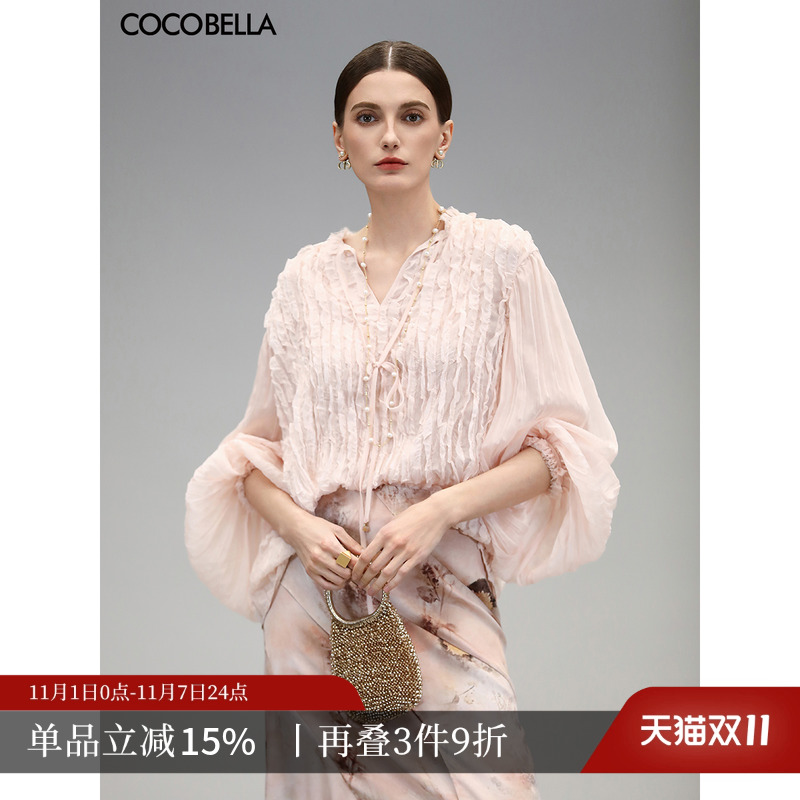 COCOBELLA名媛风木耳边绗缝压褶飘带衬衫女优雅立领雪纺衫SR3006