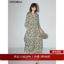 COCOBELLA田园度假风长袖 雪纺连衣裙女高腰遮肉印花茶歇裙FR113