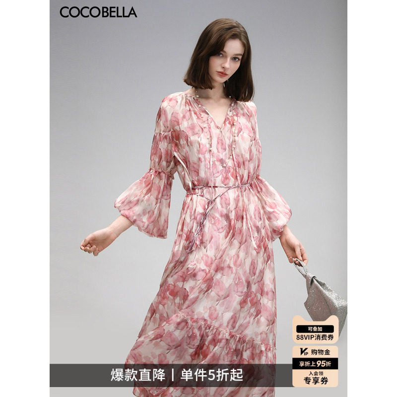 COCOBELLA设计感玫瑰花苞腰绳印花雪纺连衣裙吊带裙两件套F