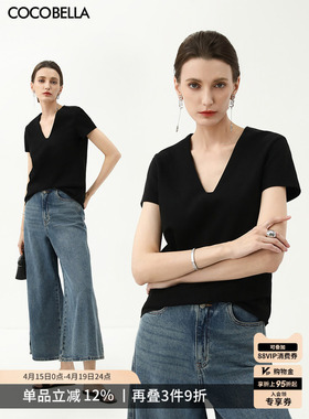 预售COCOBELLA休闲黑色V领正肩短袖T恤气质通勤半袖上衣TS7010-6