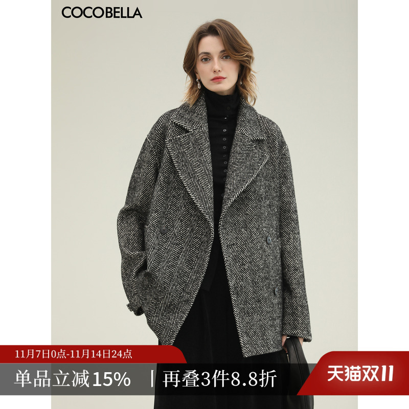 黑白人字纹大衣翻领毛呢外套