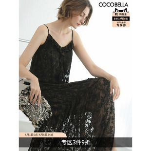 COCOBELLA重工烫金黑色连衣裙女夏剪花炒色印花吊带长裙FR3091