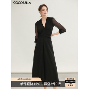 COCOBELLA赫本风假两件收腰黑金色连衣裙女内搭V领衬衫裙FR7085