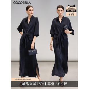 衬衫 裙FR3009 领连衣裙女假两件长款 COCOBELLA光泽感缎面大摆衬衫