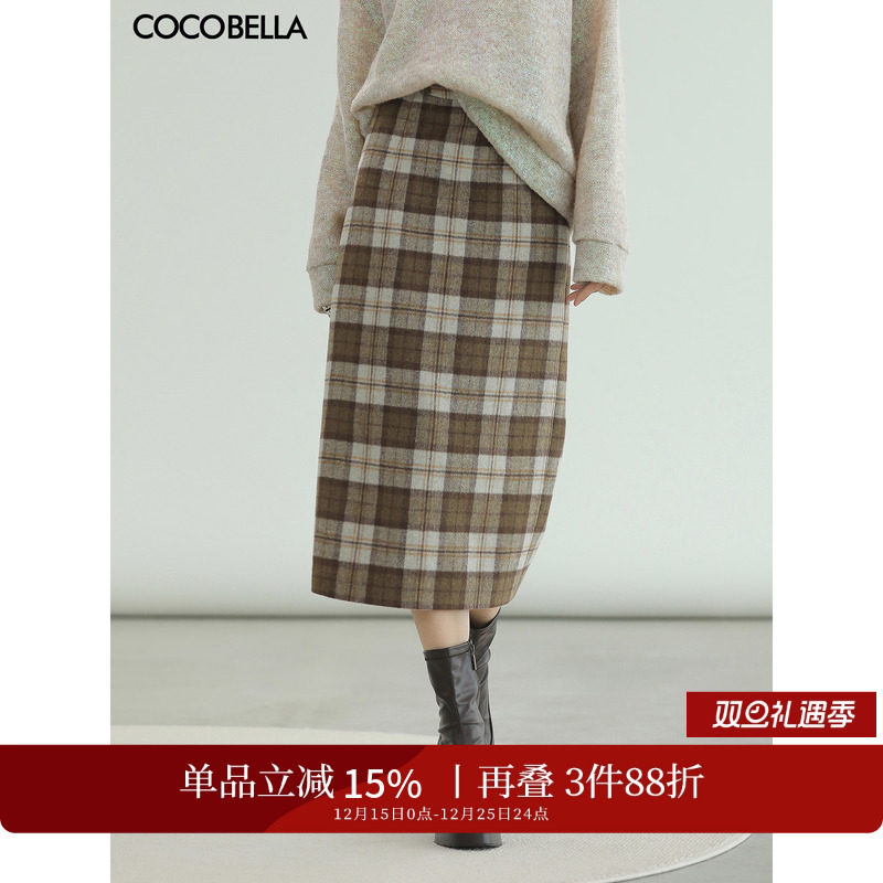 复古格纹毛呢直筒半身裙
