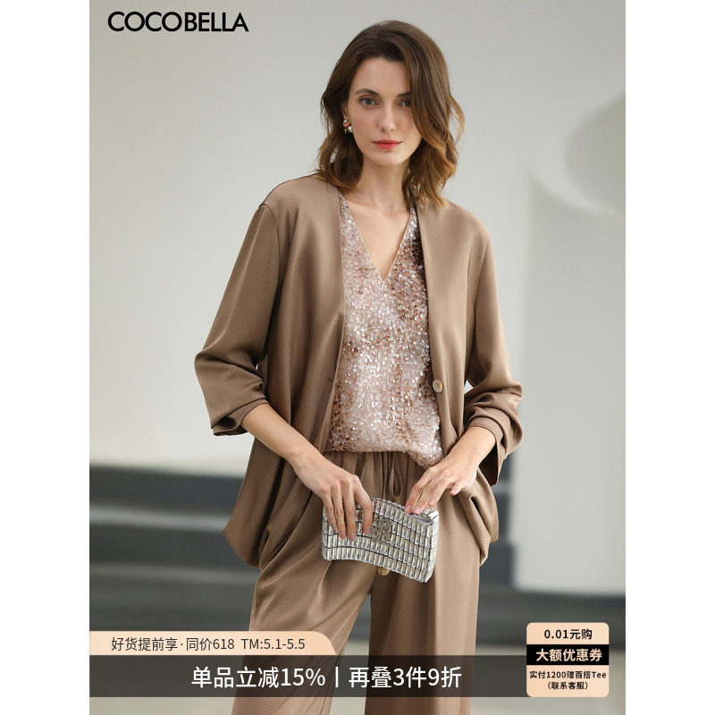 COCOBELLA仿醋酸缎面爽滑通勤外套女松弛感立裁西装SC3016