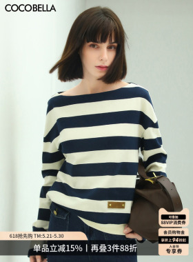 COCOBELLA蓝白条纹一字领长袖T恤女26春宽松休闲针织上衣TS625