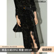 COCOBELLA新中式 扎染丝绒半身裙女国风蕾丝拼接开叉半裙HS3073