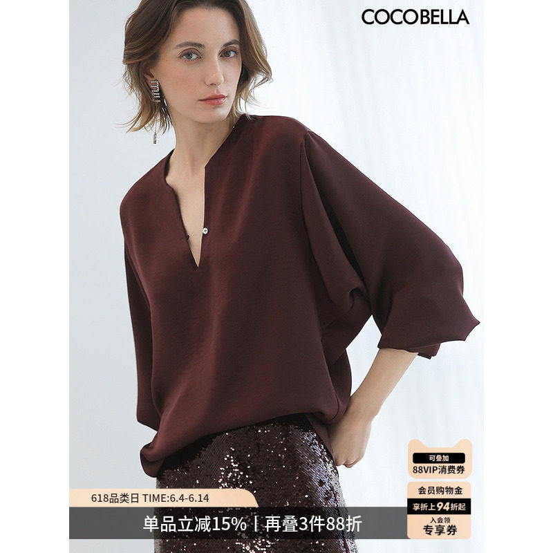COCOBELLA法式优雅缎面长袖衬衫极简酒红通勤上衣衬衣女SR7066-4