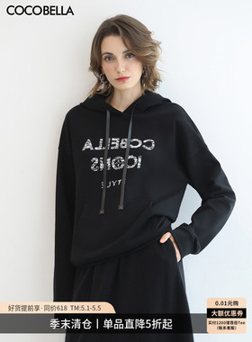 【折扣季】COCOBELLA黑色字母印花通勤连帽衫女休闲套头卫衣SE619