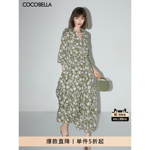 雪纺连衣裙女高腰遮肉印花茶歇裙FR113 COCOBELLA田园度假风长袖