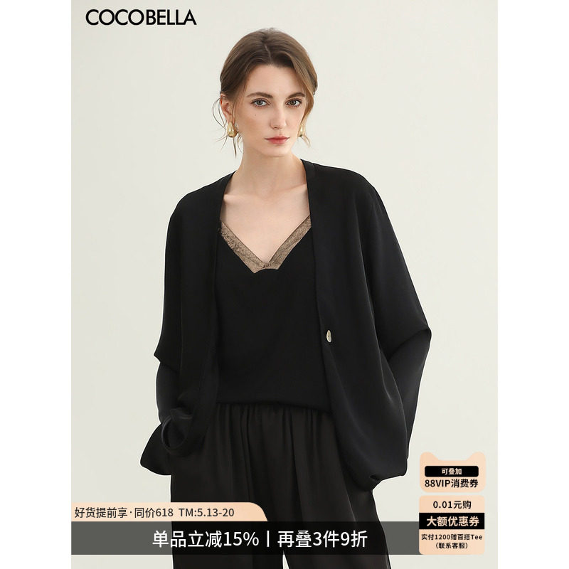 COCOBELLA仿醋酸缎面黑色外套女松弛感简约休闲西装SC3016-2