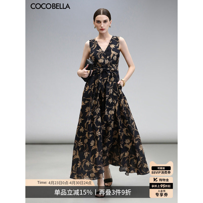 COCOBELLA莱赛尔花卉印花大摆连衣裙度假风深V领大女主长裙FR0058