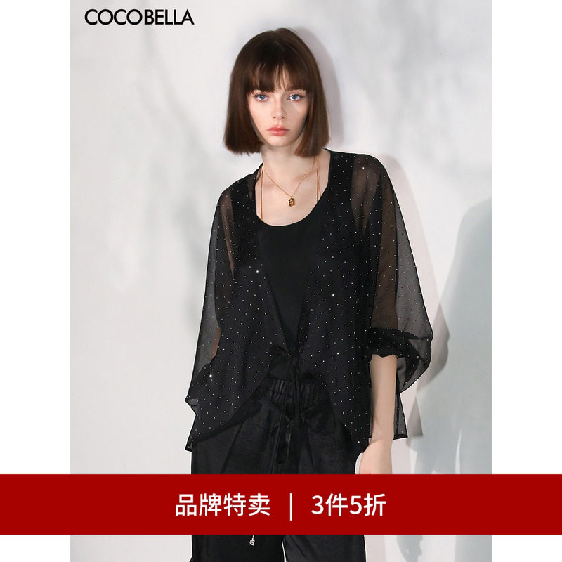 【3件5折】COCOBELLA璀璨星河烫钻微透视女蝙蝠袖雪纺衫SN7001-2