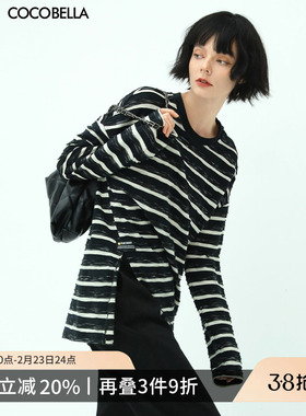 COCOBELLA立体段彩黑白色织条纹长袖T恤女侧开叉休闲上衣TS99-2