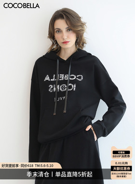 【折扣季】COCOBELLA黑色字母印花通勤连帽衫女休闲套头卫衣SE619