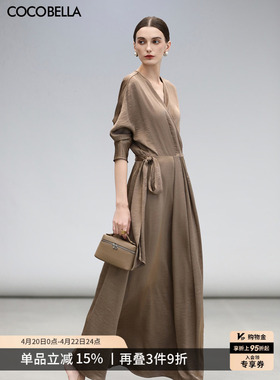 COCOBELLA围裹式丝光缎面长袖连衣裙女春轻奢风法式茶歇裙FR3010