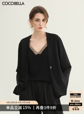 预售COCOBELLA仿醋酸缎面黑色外套女松弛感简约休闲西装SC3016-2