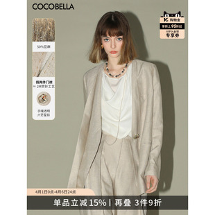 女气质通勤裸领外套SI3001 COCOBELLA重工贡针假两件亚麻正肩西装
