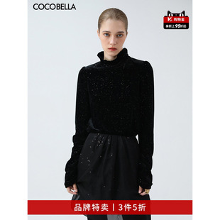 COCOBELLA气质黑色上衣半高领亮片丝绒衬衫 TS7066 3件5折