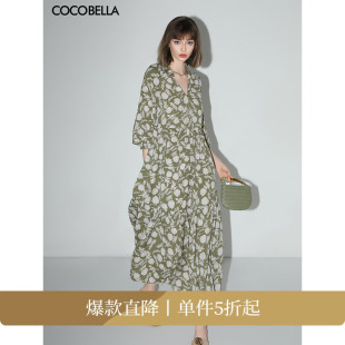 COCOBELLA田园度假风长袖 雪纺连衣裙女高腰遮肉印花茶歇裙FR113