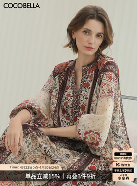 COCOBELLA度假风印花裸领气质衬衫女精细定位裁剪通勤上衣SR7039