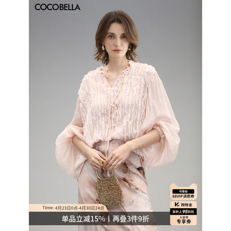 COCOBELLA名媛风木耳边压褶飘带衬衫女优雅立领雪纺衫SR3006
