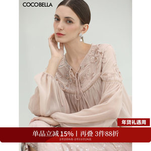 COCOBELLA设计感玫瑰金盘花刺绣仙女上衣轻薄仿真丝衬衫SR3212-2