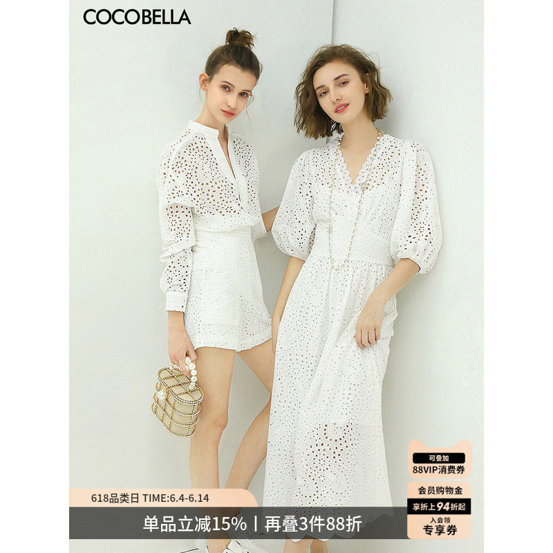 COCOBELLA气质优雅V领蕾丝连衣裙赫本风镂空刺绣通勤OL长裙FR513