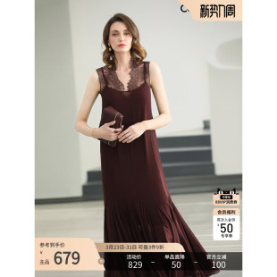 预售COCOBELLA叠穿两件套女酒红鱼尾吊带长裙配蕾丝背心套装 FT500