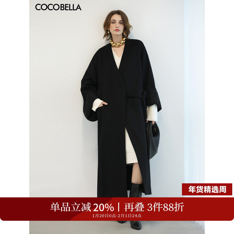 COCOBELLA黑色假两件长款羊毛呢子大衣女通勤毛呢外套WL3228,女装/女士精品,毛呢外套,淘宝优惠券,粉丝福利购,淘宝优惠卷