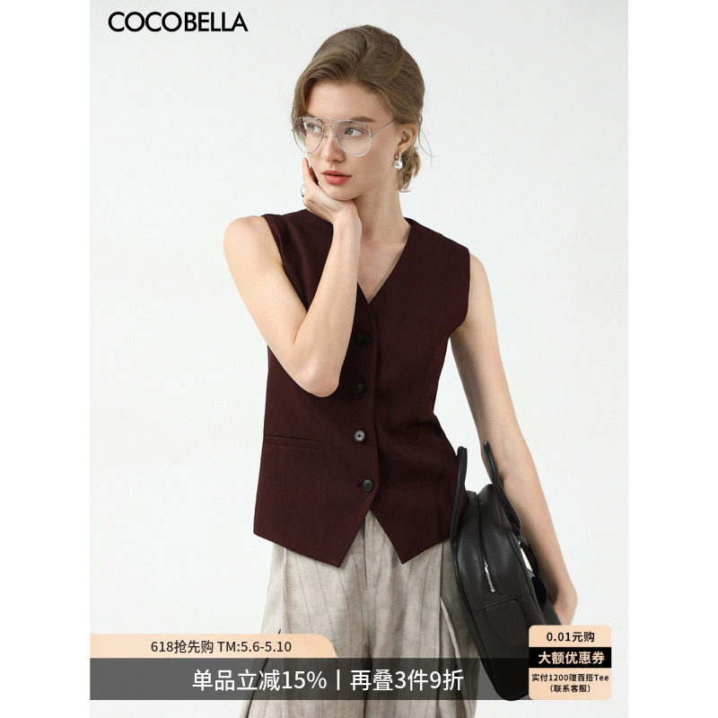 COCOBELLA安可拉红无领西装风马夹简约气质通勤休闲马甲WS7007-2