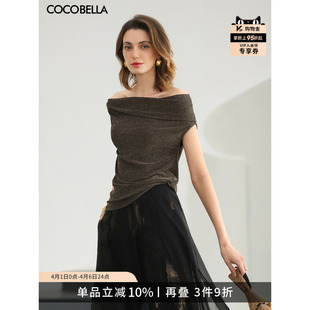 预售COCOBELLA优雅一字领金色针织衫 短袖 T恤上衣TS0070 女夏时尚