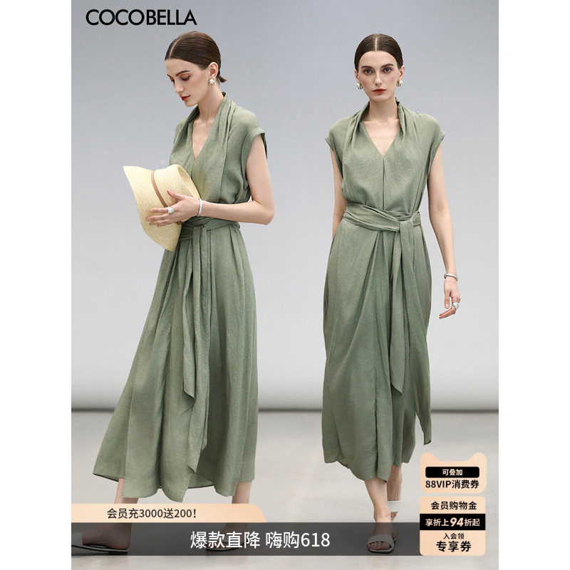 COCOBELLA气质通勤亚麻连衣裙女夏立体飘带领系带衬衫裙FR3051