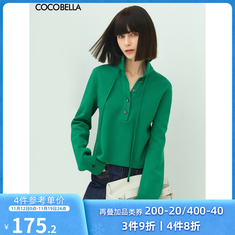 COCOBELLA飘带绿色短款POLO衫女秋宽松休闲翻领长袖上衣TS508