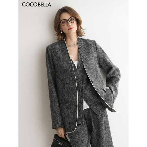 COCOBELLA质感撞色毛边无领西装