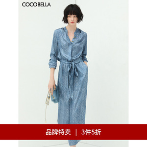 【3件5折】COCOBELLA渲染牛仔色印花衬衫裙缎面通勤连衣裙FR922