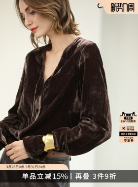 COCOBELLA气质女人味V领丝绒衬衫女早春静奢风通勤长袖衬衣SR0010