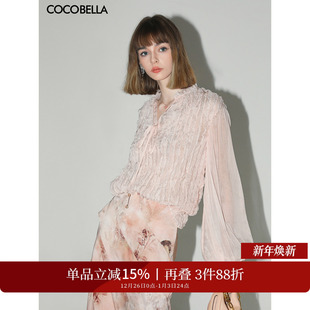 SR3006 COCOBELLA名媛风木耳边绗缝压褶飘带衬衫 女秋立领雪纺衫