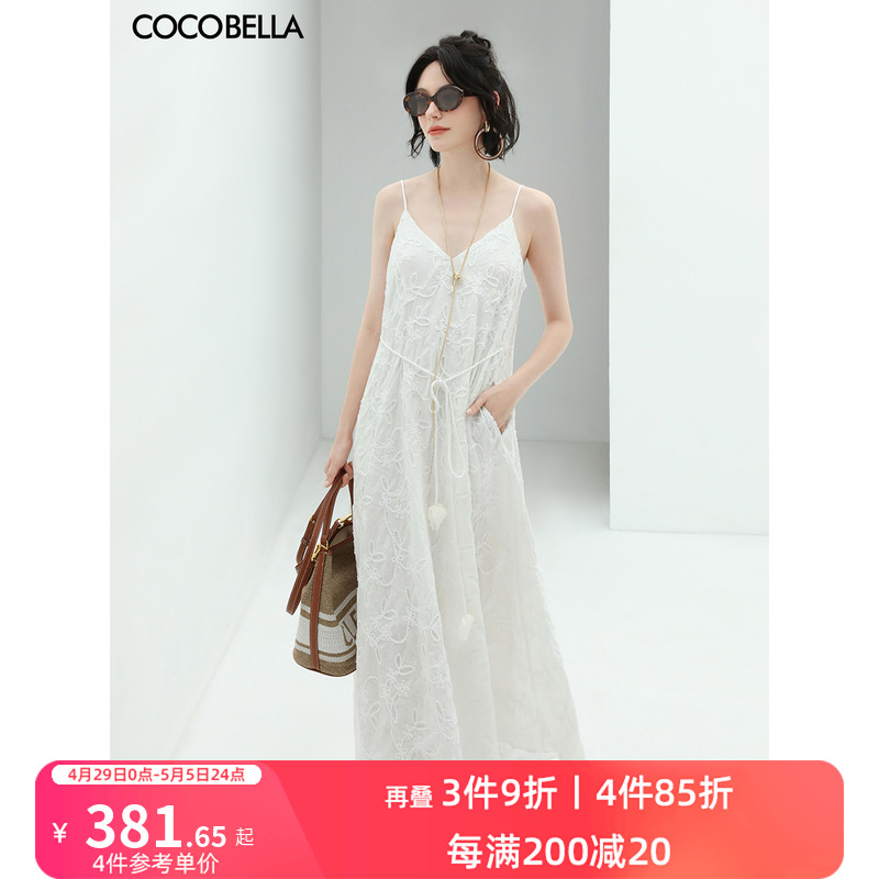 COCOBELLA立体盘花绣吊带连衣裙女手工花苞腰绳度假长裙FR619